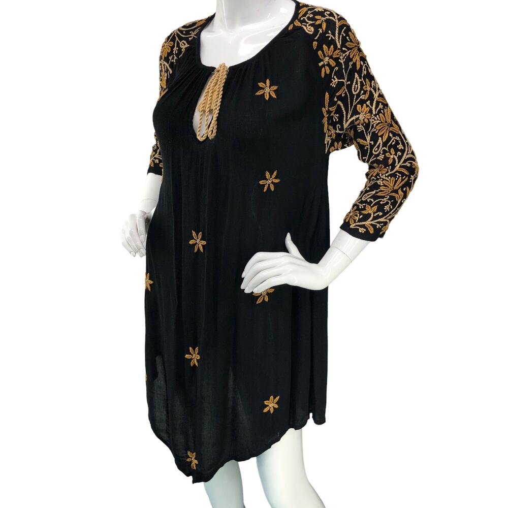 Raga Womens Size XS Dress Black Gold Embroidered Floral Pattern Pure Viscose